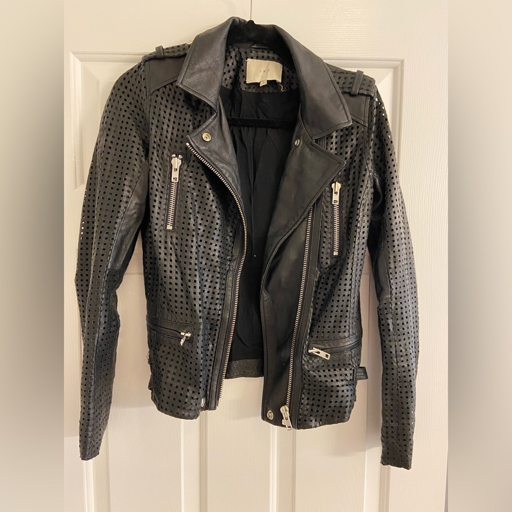 IRO Black Perforated Leather Moto Jacket with Silver Hardware